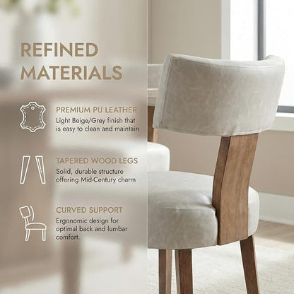 HNY Mid Century Modern Dining Chairs Set of 6, Farmhouse PU Leather Upholstered Accent Chair Curved Backrest Kitchen Chairs, with Hardwood Frame, Grey