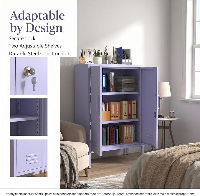 Multipurpose Accent Cabinet Locker, Metal Storage Cabinet with 2 Adjustable Shelves, Heavy Duty & Lockable Organizer Made of Thickened Steel, Easy Assembly for Home, Entryway, Purple