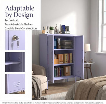 Multipurpose Accent Cabinet Locker, Metal Storage Cabinet with 2 Adjustable Shelves, Heavy Duty & Lockable Organizer Made of Thickened Steel, Easy Assembly for Home, Entryway, Purple