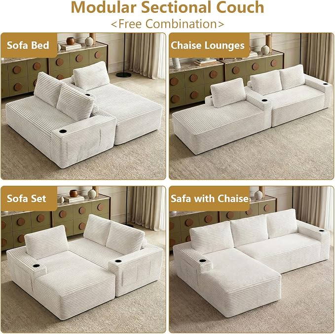104" Cloud Sectional Couch L-Shaped with Side Pockets Cup Holders, Corduroy Boneless Couch for Living Room,Upholstered Deep-Seat Modular Sectional Sofa, No Assembly Required (White,Left Facing Chaise)