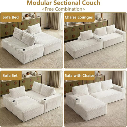 104" Cloud Sectional Couch L-Shaped with Side Pockets Cup Holders, Corduroy Boneless Couch for Living Room,Upholstered Deep-Seat Modular Sectional Sofa, No Assembly Required (White,Left Facing Chaise)