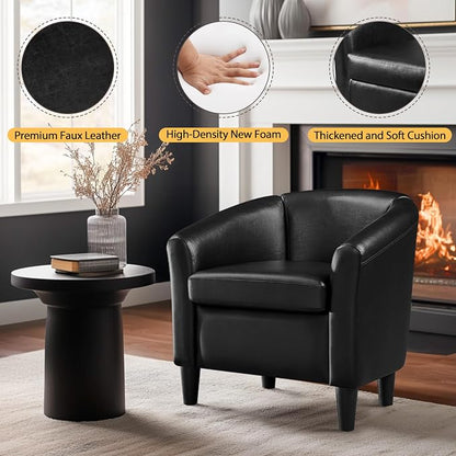 Topeakmart Faux Leather Club Chair, Modern Accent Chair and Cozy Barrel Armchair with Sturdy Legs for Living Room Bedroom Reception Room, Black