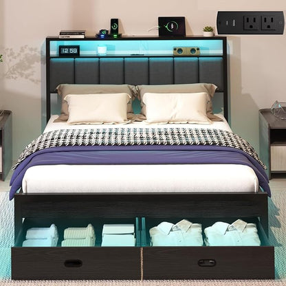 Queen Bed Frames with Storage Drawer, Platform Bed with Charging Station and LED Lights, Upholstered Headboard with 2-Tier Storage Shelves, No Box Spring Needed