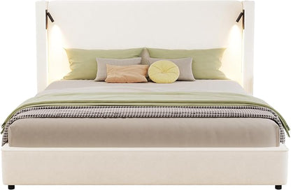 Christopher Knight Home Hazel 49.20" H King Headboard Bed, Upholstered King Size Bed, Slats Panel Support Platform, No Spring Box Needed, Wingback Headboard with Reading Lamps and USB, Beige