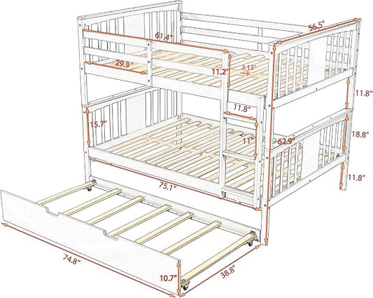Merax Full-Over-Full Bunk Bed with Twin Trundle, Solid Wood Bunk Bed Frame with Guardrail and Removable Ladder, Can be Separated into 2 Beds, Espresso