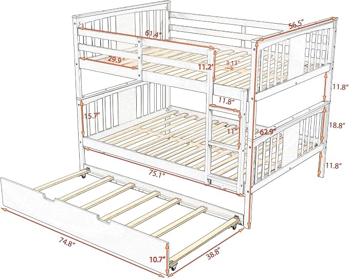 Merax Full Over Full Bunk Bed with Trundle, Convertible to Two Separate Beds, Solid Pine Wood Frame with Safety Guardrail & Headboard/Footboard, Sturdy Durable Design, No Box Spring Needed, Espresso