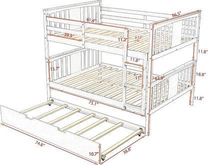 Merax Full Over Full Bunk Bed with Trundle, Convertible to Two Separate Beds, Solid Pine Wood Frame with Safety Guardrail & Headboard/Footboard, Sturdy Durable Design, No Box Spring Needed, Espresso
