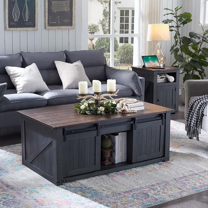 IFGET 48" Lift Top Coffee Table, Farmhouse Cocktai with Sliding Groove Barn Door, Rustic Wood Center Table w/Double Storage Spaces for Living Room, Dark Grey