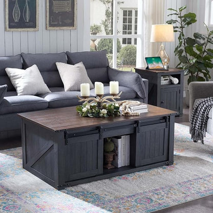 IFGET 48" Lift Top Coffee Table, Farmhouse Cocktai with Sliding Groove Barn Door, Rustic Wood Center Table w/Double Storage Spaces for Living Room, Dark Grey
