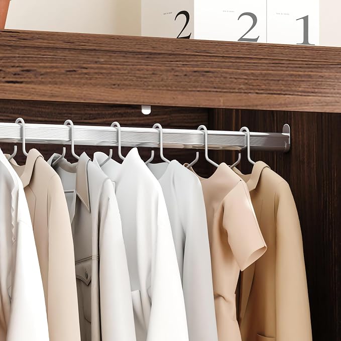 70" Tall Armoire Wardrobe Closet with 4 Doors & 3 Drawers, Farmhouse Bedroom Storage Cabinet with Hanging Rod, Freestanding Wooden Armoire Wardrobe Closet, Brown