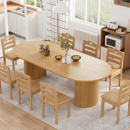 43-95 Inch Oval Extendable Dining Table for 4-10, Fluted Space Saving Round Kitchen Table with 3 Leaf, 2 Storage, Mid Century Modern Long Dining Room Dinner Table for Living Room, Oak, Natural