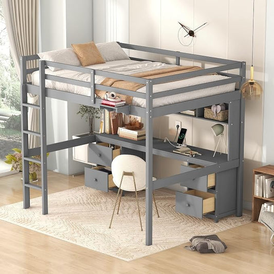 Full Size Loft Bed with Desk, Storage Cabinets, Drawers and Bedside Tray, Multifunctional Full Beds with Plug Outlets & 2 USB Port, Gray