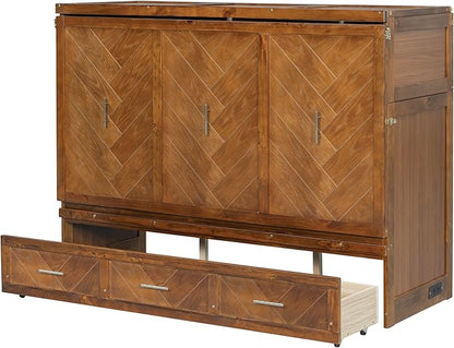 Bellemave Queen Murphy Bed with Charging Station and Storage, Farmhouse Murphy Bed with Foldable Panel for Guest Bedroom, Living Room, Office, Walnut