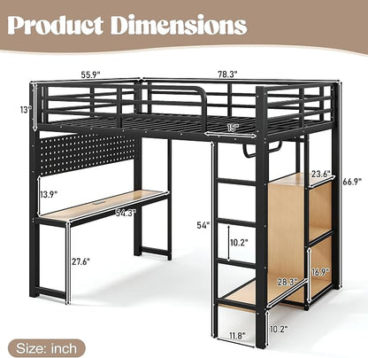 Bellemave Full Size Loft Bed with Desk,with USB Ports, Lights, and Hanging Rod, Cave Board Design, Metal Full Loft Bed Frame for Adults, Kids, Teens, Black
