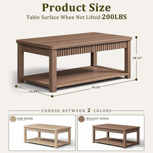 Homkdom Modern Coffee Table, 2-Tier Storage Shelf, Walnut | Wave-Edge, Kids Friendly Rounded Corners