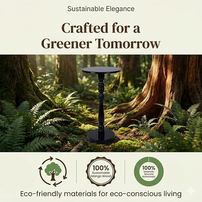 Relso Stambha Solid Wood Drink Table - 24" Tall Round Accent Side Table, Handcrafted Black Finish, Mango Wood, Perfect for Living Room, Bedroom or Indoor Plant Stand, 12" Compact Top