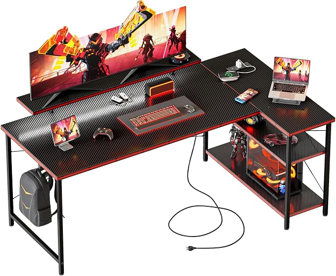Mericonia Small L Shaped Computer Desk with Power Outlets, Reversible Gaming Desk with Storage Shelves & Monitor Stand, Corner Gamer Desk Table, Study Writing Table