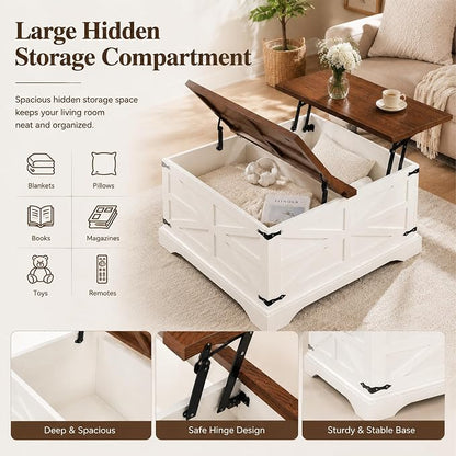 JXQTLINGMU Farmhouse Lift-Top Coffee Table with Large Storage, 36" Square Wood Living Room Table with Hidden Compartment and Raised Dining Surface, White and Brown