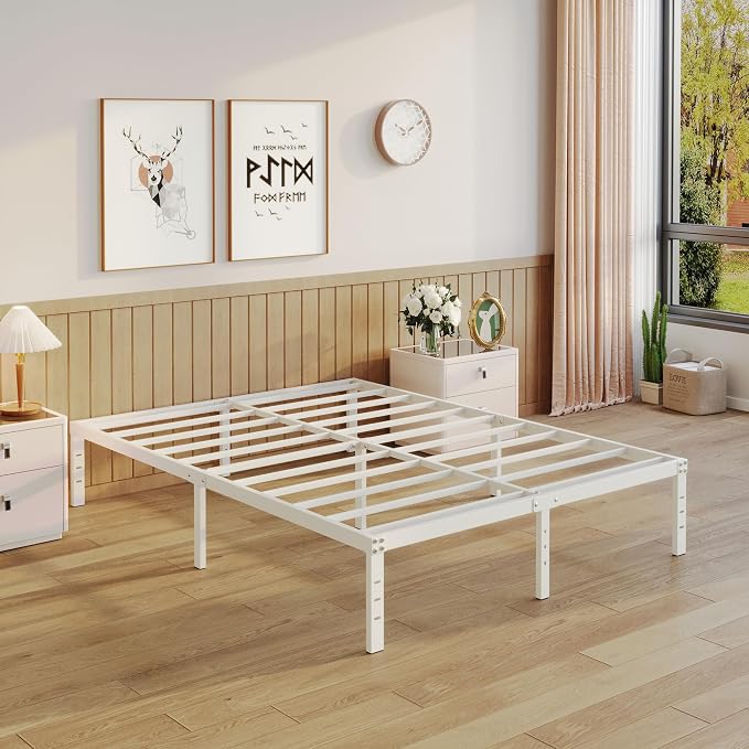 YUSENHEEI 14 Inch Queen Bed Frame No Box Spring Needed, Heavy Duty Metal Bed Frame Queen Size with Large Underbed Storage Space, Noise Free, Easy Assembly, White