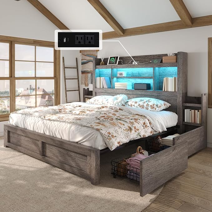 LUXOAK King Bed Frame with 49.6" Bookcase Headboard & 2 Bedside Stoage Racks & 4 Drawers, Farmhouse Wood Bed Frame with RGB LED & Charging Station, No Box Spring Needed, Grey