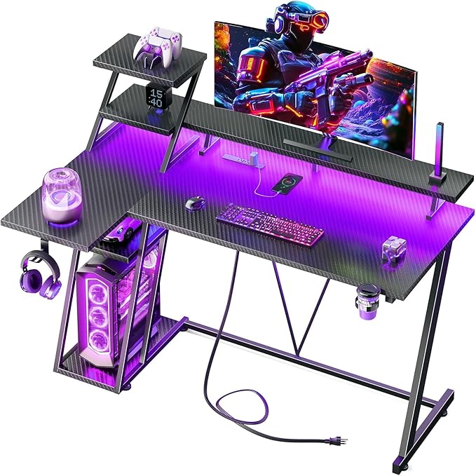 Korfile 40 Inch Gaming Desk with LED Lights & Power Outlet, L Shaped Computer Gaming Table with Storage Shelves, Reversible Corner Desk with Monitor Stand for Home Office, Carbon Fiber Black