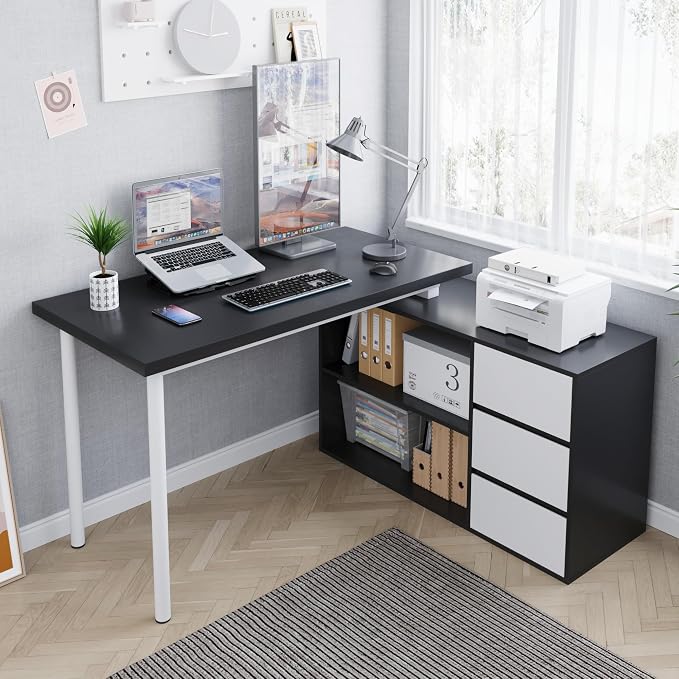 Home Office Computer Desk Corner Desk with 3 White Drawers and 2 Shelves, 53-inch L-Shaped Study Desk with Storage, Black + White