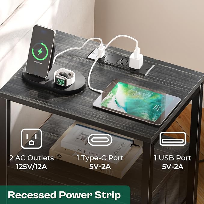 Huuger Nightstand with Charging Station, Fabric Drawers, End Table with Open Shelf, Bedside Table with USB Ports and Outlets, Night Stand for Bedroom, Charcoal Black Wood Grain Print