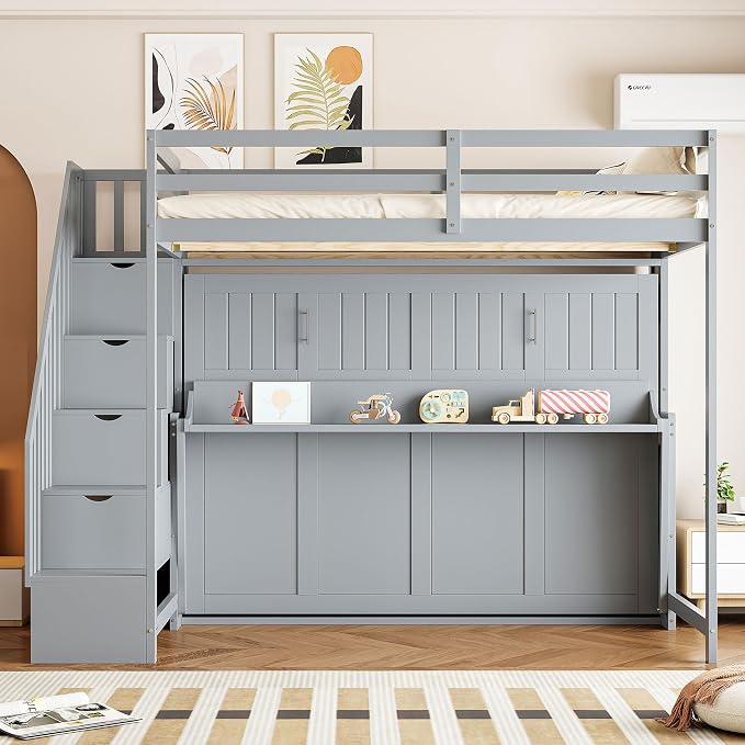 Merax Modern Farmhouse Solid Wood Loft Bed with Murphy Bed Cabinet w/Hydraulic Lift Full Over Full, Wall Bunk Bed with Storage Staircase, Shleves & Desk/Space Saving/Wood Slat Support/Gray