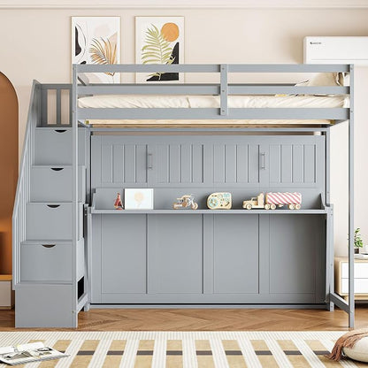 Merax Modern Farmhouse Solid Wood Loft Bed with Murphy Bed Cabinet w/Hydraulic Lift Full Over Full, Wall Bunk Bed with Storage Staircase, Shleves & Desk/Space Saving/Wood Slat Support/Gray