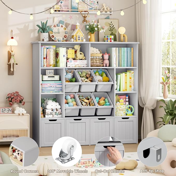 FINETONES Toy Storage Organizer with 6 Toy Bins, Toy Organizer Kids Bookshelf with 4 Movable Drawers and 6 Storage Cubbies, Toy Bins for Kids Organizer Playroom Storage for Living Room, Grey