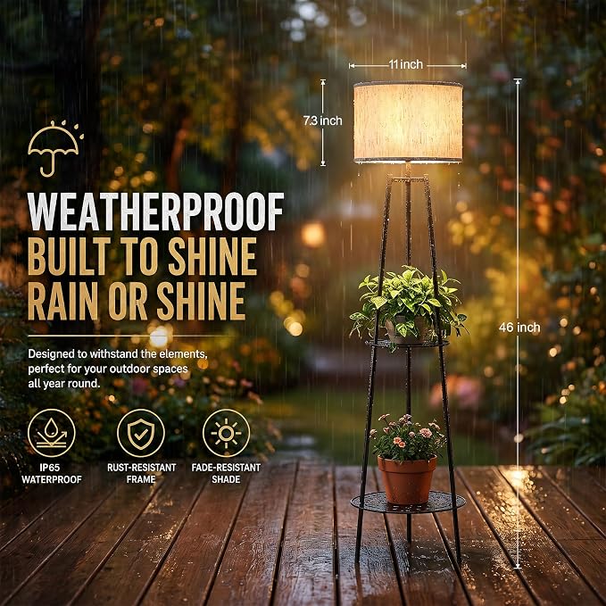 Solar Outdoor Floor Lamp with Plant Shelves, Waterproof Solar Standing Lamp for Patio Porch Garden Yard, Auto On/Off Warm LED Floor Light with 2-Tier Plant Stand, Cordless Outdoor Decor Lighting