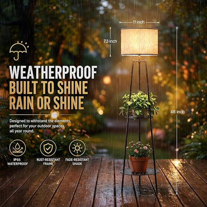 Solar Outdoor Floor Lamp with Plant Shelves, Waterproof Solar Standing Lamp for Patio Porch Garden Yard, Auto On/Off Warm LED Floor Light with 2-Tier Plant Stand, Cordless Outdoor Decor Lighting