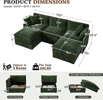 Ihanherry 103” Modular Sectional Sofa with Storage, U Shaped Cloud Couch with Movable Ottomans & 4 Pillows, Chenille Deep Seat Sectional Couches for Living Room, Apartment (Green)