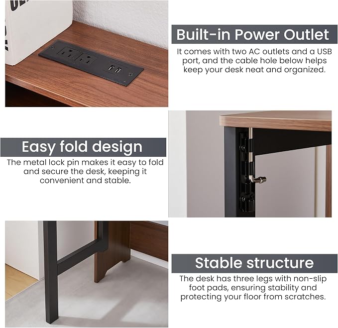 Fold Out Desk with Power Outlets, Small Foldable Table with Storage Shelf,Space-Saving Hidden Desk for Bedroom, Living Room & Office (Walnut)