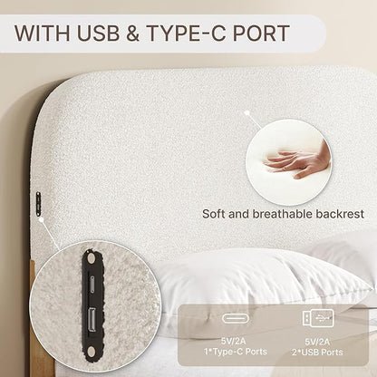 KISLOT Wood Bed Frame with USB & Type-C Charging, Boucle Platform Bed with Upholstered Headboard Mattress Foundation No Box Spring Needed Easy Assembly