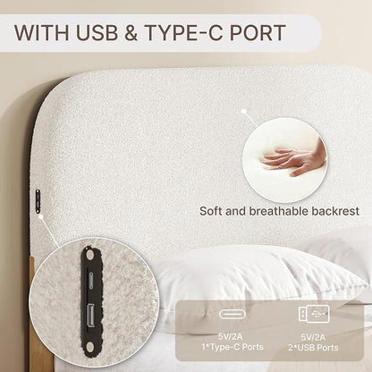 KISLOT Wood Bed Frame with USB & Type-C Charging, Boucle Platform Bed with Upholstered Headboard Mattress Foundation No Box Spring Needed Easy Assembly