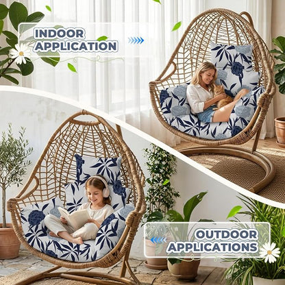 Waterproof Egg Chair Cushion Replacement 47x31.5x4.7 inch Thicken Hanging Egg Swing Chair Cushion Indoor Outdoor Wicker Rattan Hammock Basket Cushion with Headrest Pillow, Blue Enchantress