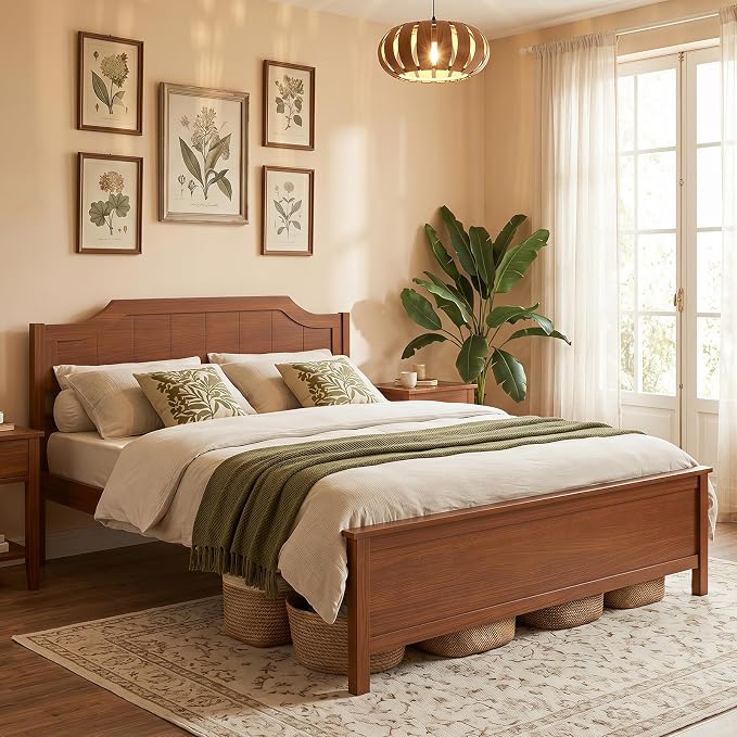 Giantex Queen Size Wooden Bed Frame with Headboard, Wood Slat Support | Farmhouse Platform Bed with Heavy Duty Mattress Foundation, Under-Bed Storage, No Box Spring Needed, Easy Assembly (Walnut)