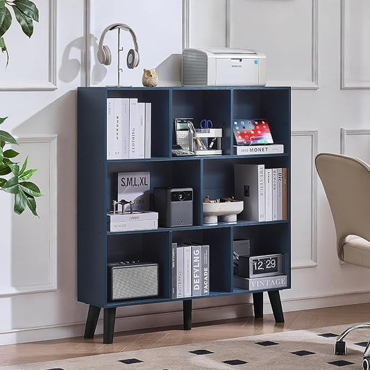 LEYAOYAO 8 Cube Bookshelf,3 Tier Bookcase with Legs,Dark Blue Mid-Century Modern Bookshelves,Large Open Storage Organizer Shelf, Wooden Book Case