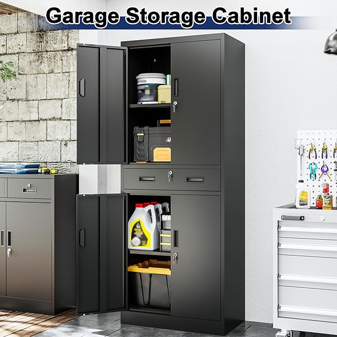 BESFUR Metal Storage Cabinet with a Drawer 4 Doors and 2 Adjustable Shelves Garage Storage Cabinet with Lock 71" Office Storage Cabinets Locking Cabinets for Garage Office Shop Home (Black)