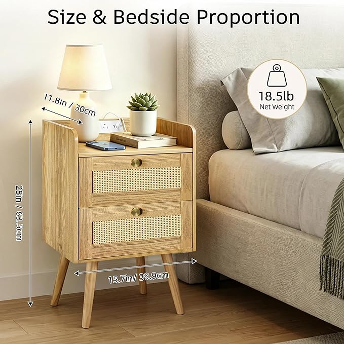 Nightstands Set of 2 with Charging Station, Modern Boho Rattan Bedside Tables with 2 Drawers,Open Storage End Tables for Bedroom, Small Spaces and Dorm, Solid Wood Legs,Natural