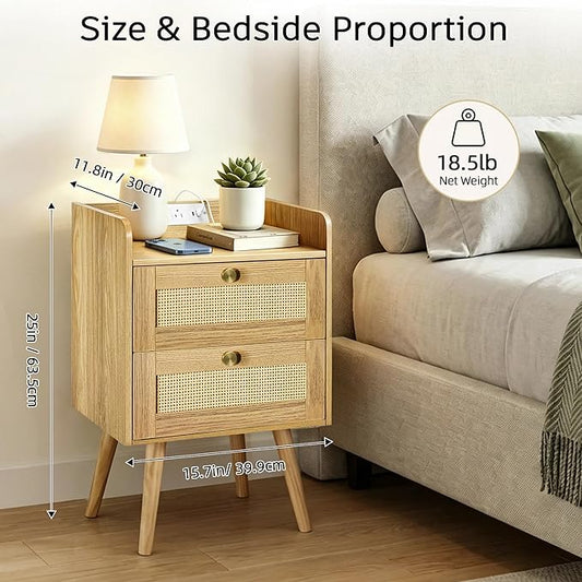 Nightstands Set of 2 with Charging Station, Modern Boho Rattan Bedside Tables with 2 Drawers,Open Storage End Tables for Bedroom, Small Spaces and Dorm, Solid Wood Legs,Natural