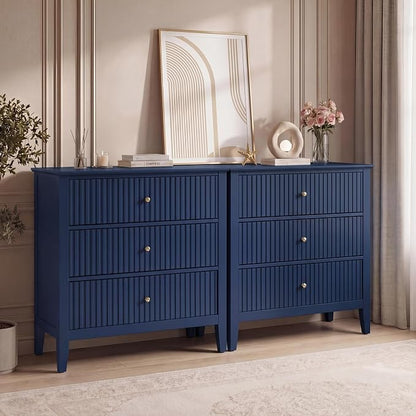 RoyalCraft 32" Large Nightstand Set of 2, Fluted Painted Wood Dresser with 3 Spacious Drawers, Blue Modern Bedside Table for Bedroom