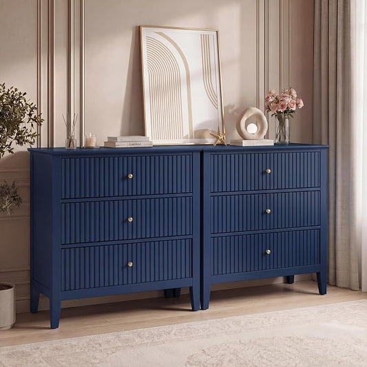 RoyalCraft 32" Large Nightstand Set of 2, Fluted Painted Wood Dresser with 3 Spacious Drawers, Blue Modern Bedside Table for Bedroom