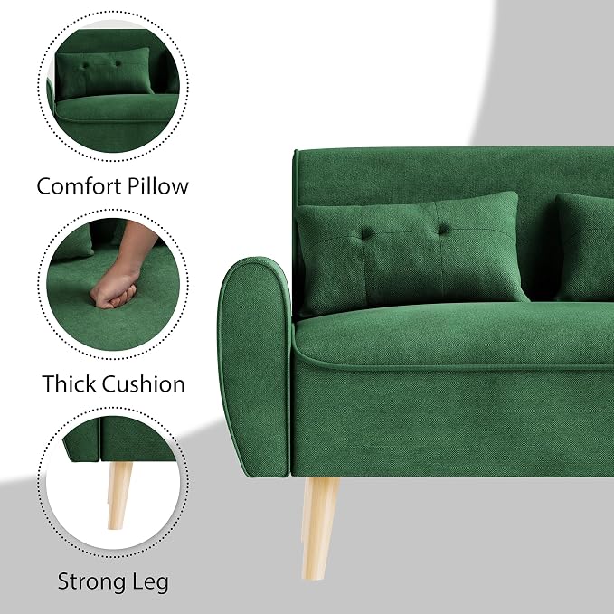 JAMFLY 47'' Small Loveseat Sofa, 2 Seat Compact Couch with Tapered Legs, Green Upholstered Furniture, Solid Wood Frame, Comfy Foam Cushion, Easy Assembly for Small Spaces
