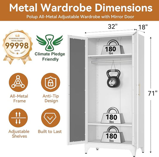 Polup Metal Armoire Wardrobe Closet with Mirror, 71" Tall Steel Clothing Storage Cabinet with Doors, Hanging Rod and Adjustable Shelves, Freestanding Clothes Organizer for Bedroom, Office, White