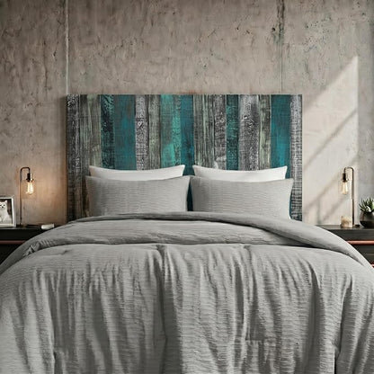 Barn Walls Wood Plank Headboard - Full Size Urban Industrial Wall Mounted, Linear Color Overlay White Mint Turquoise & Pale Green on Black Barrel Deep Stain, Real Wood Accent
