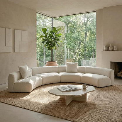 Acanva Formia Boucle Curved Sectional Sofa, 3 Armless Chairs, White | Modular Couch, Modern Minimalist, Wood Frame, For Living Room, Apartment, Home Office