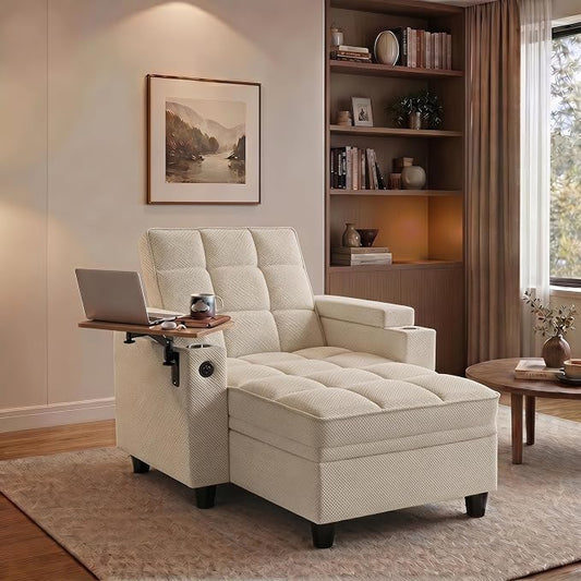 Convertible Sleeper Chair, Pull Out Sofa Bed with Adjustable Backrest & Hidden Storage Armrest, Single Sofa Recliner with USB Charging Port & Cup Holders for Living Room, Bedroom, Beige