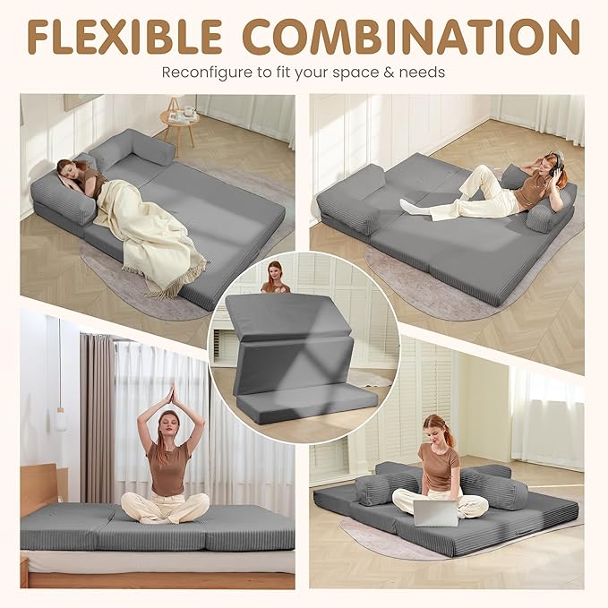 Convertible Sofa Bed,5-in-1 Tri-Fold Boneless Couch with Removable Armrests & Handle,Corduroy Futon Sleeper Sofa,Floor Folding Mattress Pull Out Bed for Small Space Apartment Living Room Bedroom
